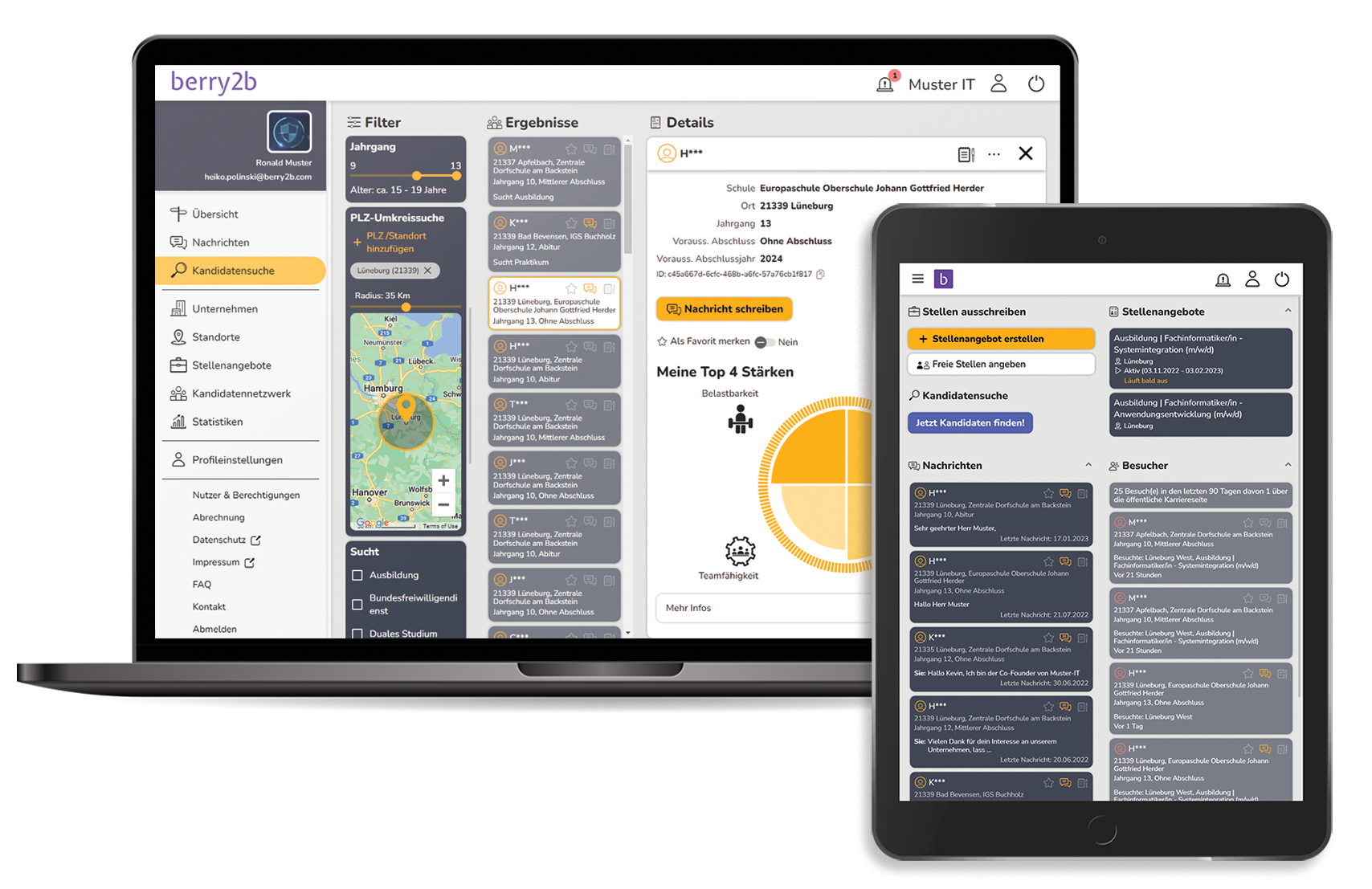 Ansicht der Kandidatensuche auf berry2b auf dem Laptop und das Dashboard auf dem Tablet